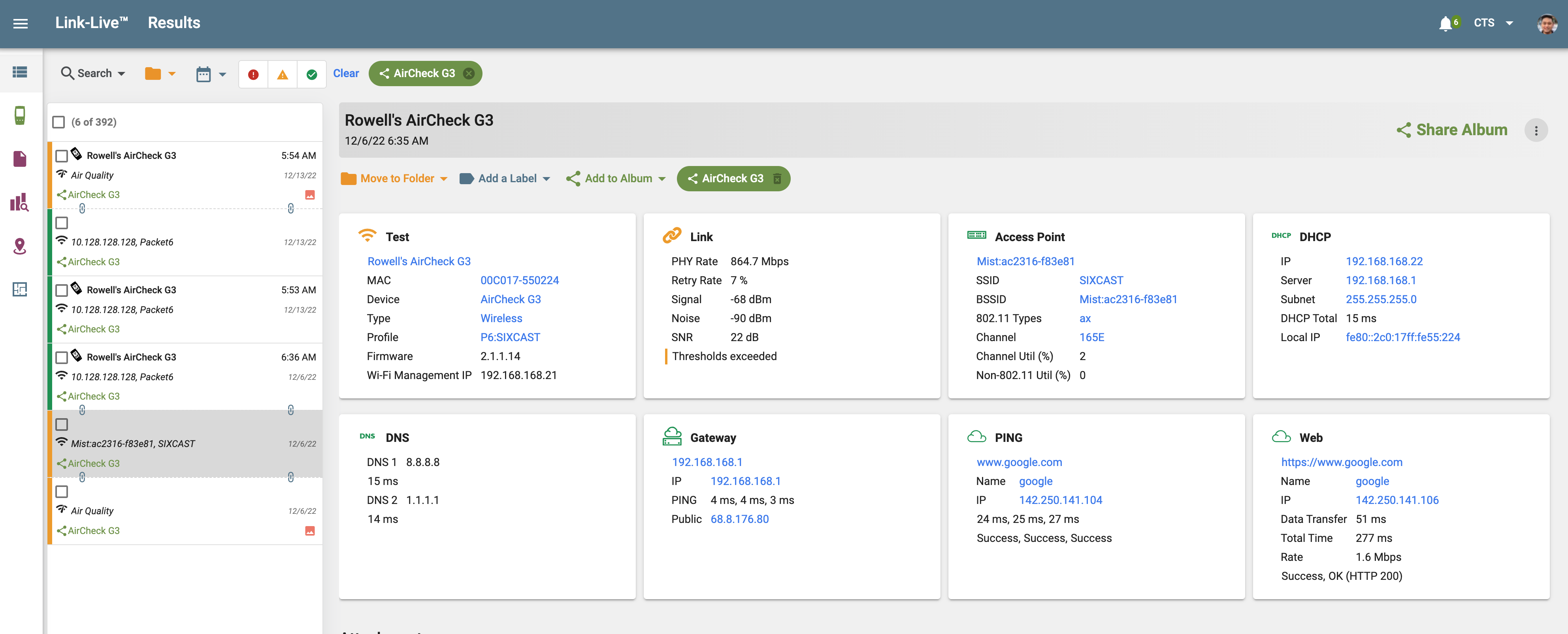 Link-Live dashboard displaying the results of AutoTest