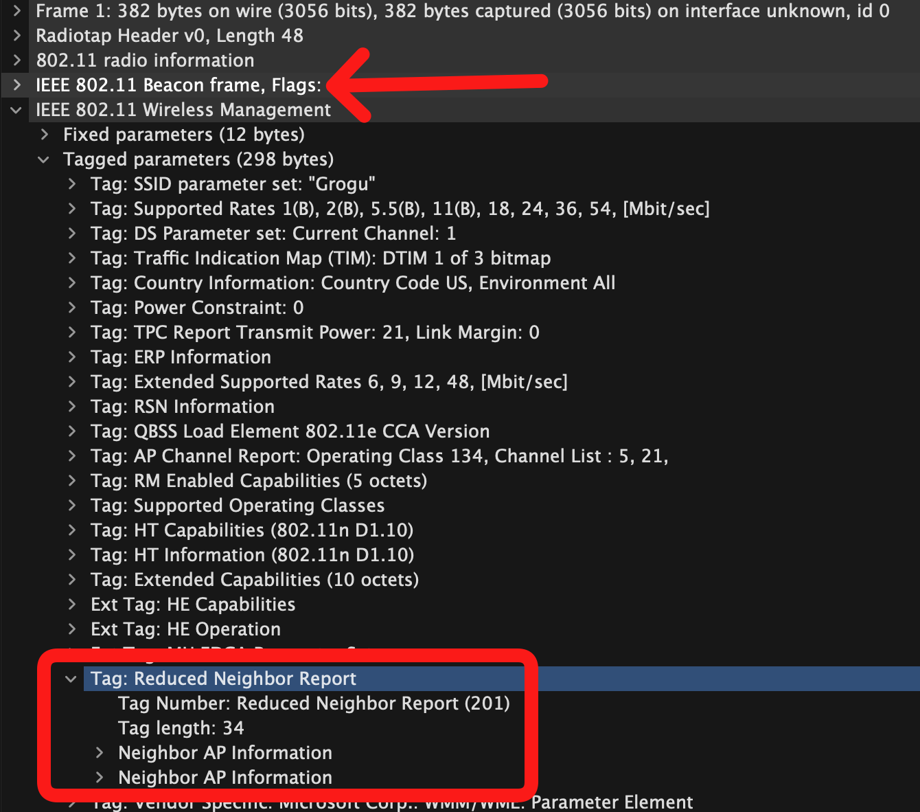 Reduced Neighbor Report in Wireshark
