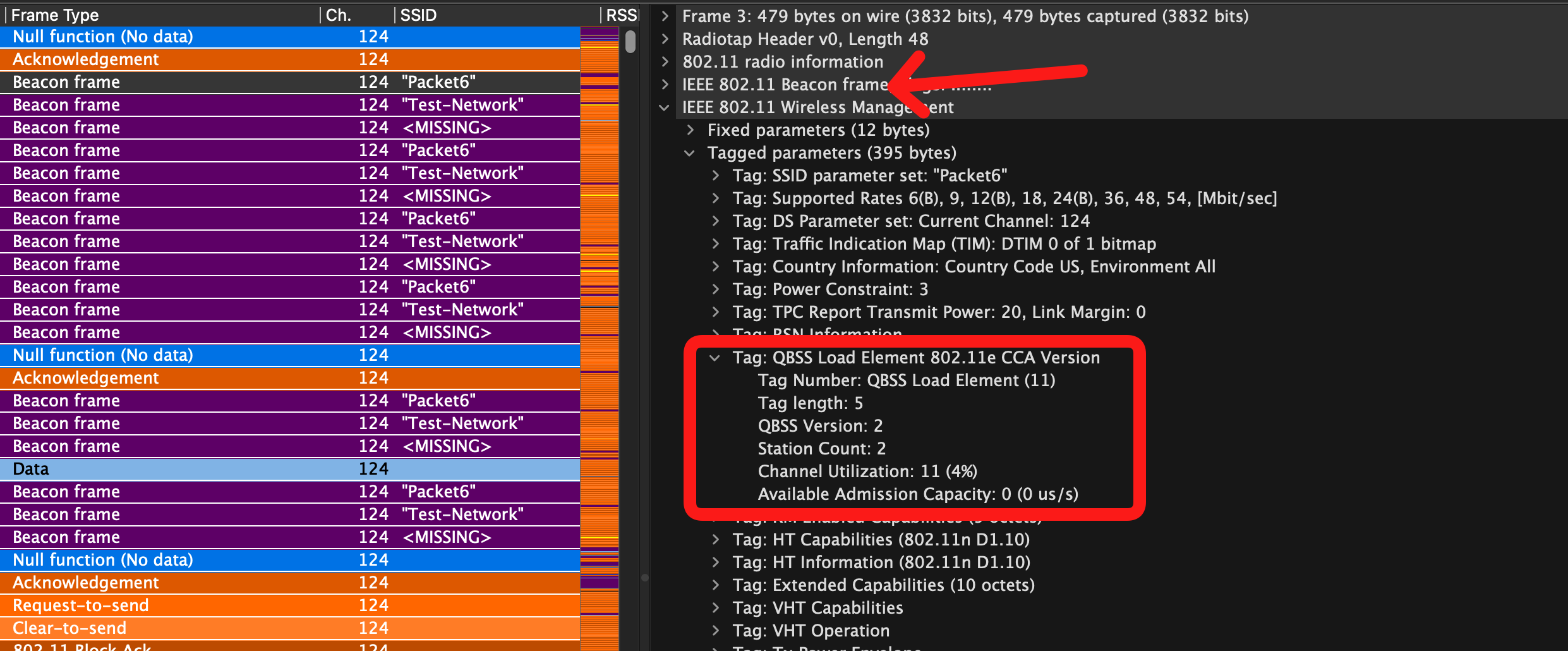 Wireshark frame capture displaying BSS Load