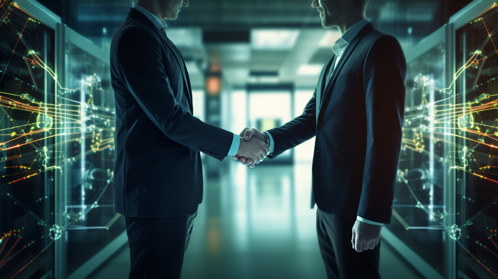 Two males in a data center shaking hands